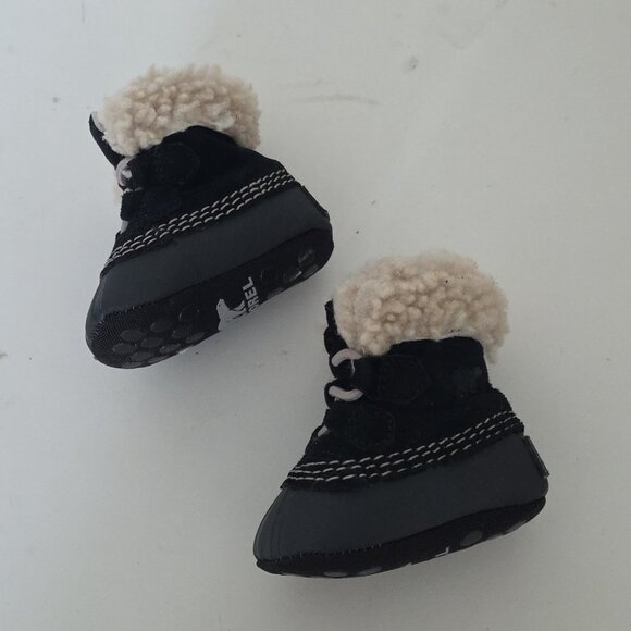 SOREL | Caribootie Snow Boots black Suede Shearling Baby Sz 1 - Picture 2 of 5